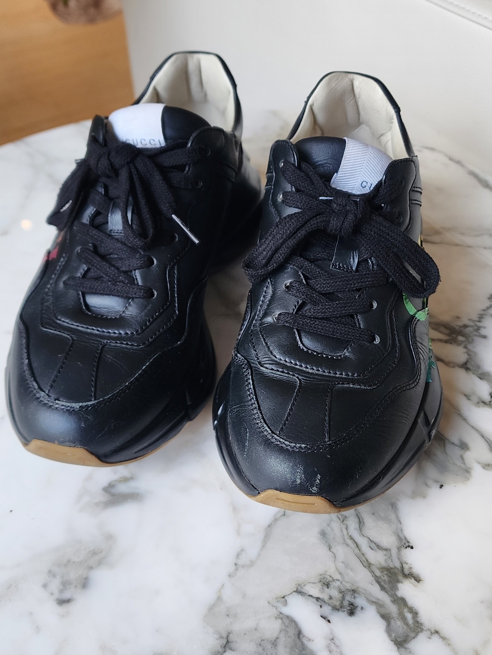 Gucci Rhyton Women's Black Leather Sneakers with Rainbow Logo Graphic Size 7.5 - Picture 12 of 13